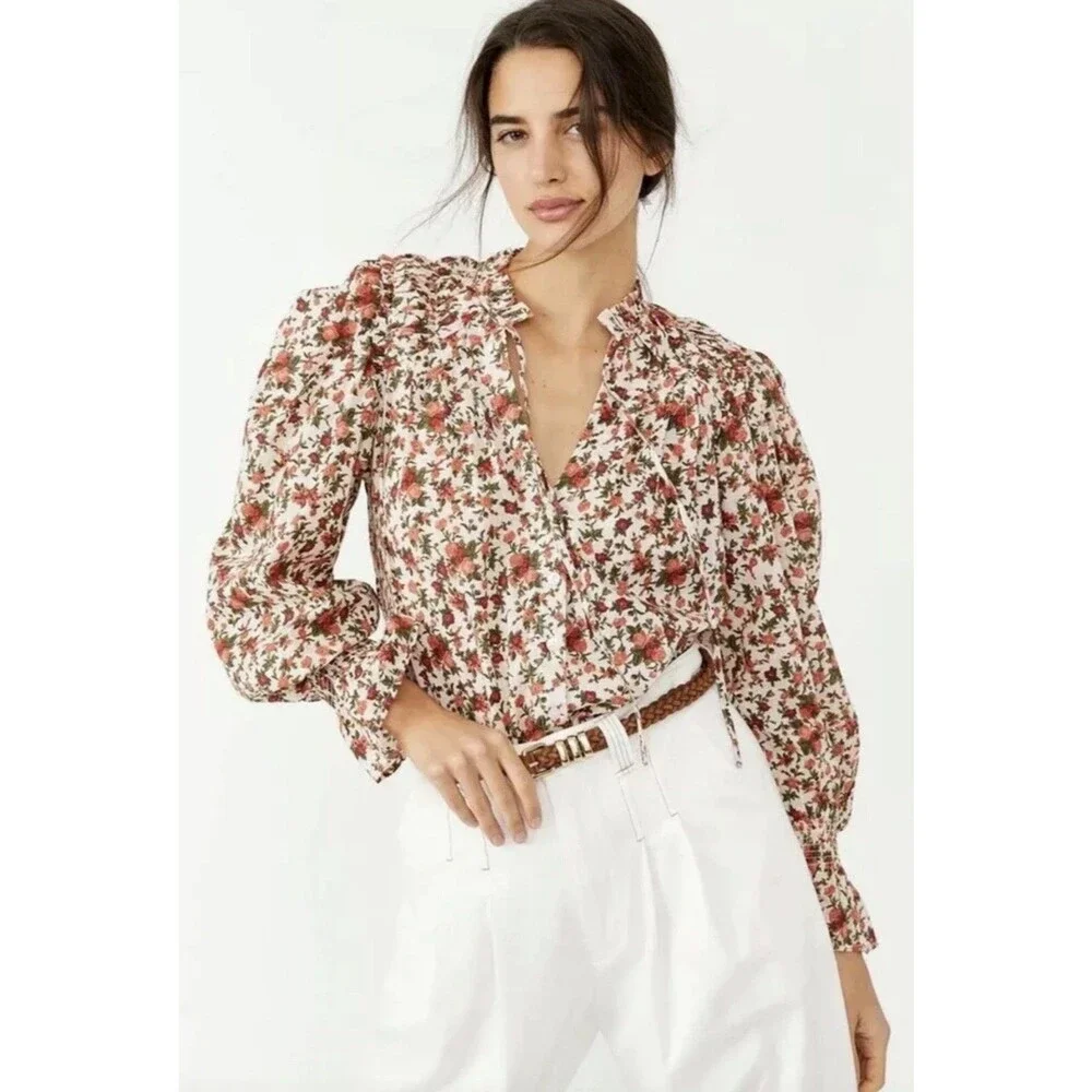 Free People Meant to Be Floral Blouse Ruffle Long Sleeve Cotton XS Romantic Boho